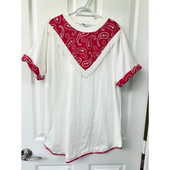 Vintage Sergio Valente one size large/XL red Bandana print shirt fringe shirt - Picture 1 of 9